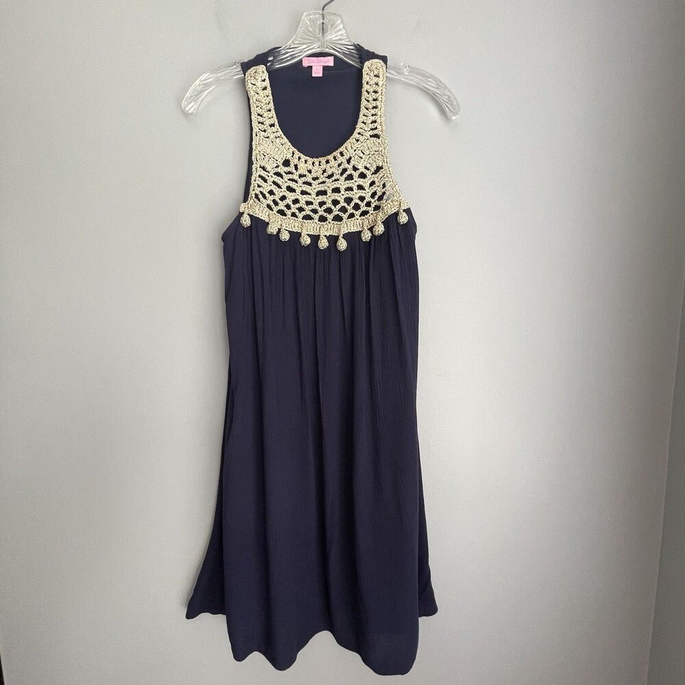 Lilly Pulitzer Navy Blue/Gold Gauzy Dress Women's Size S Cottage Party Dress